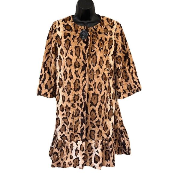 Beth Bowley Anthropologie Faux Leopard Fur Coat Womens Size 4 Turquoise Lining - Picture 1 of 7
